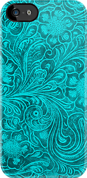 Turquoise Leather Look-Embossed Floral Design  iPhone Case Cover     1208