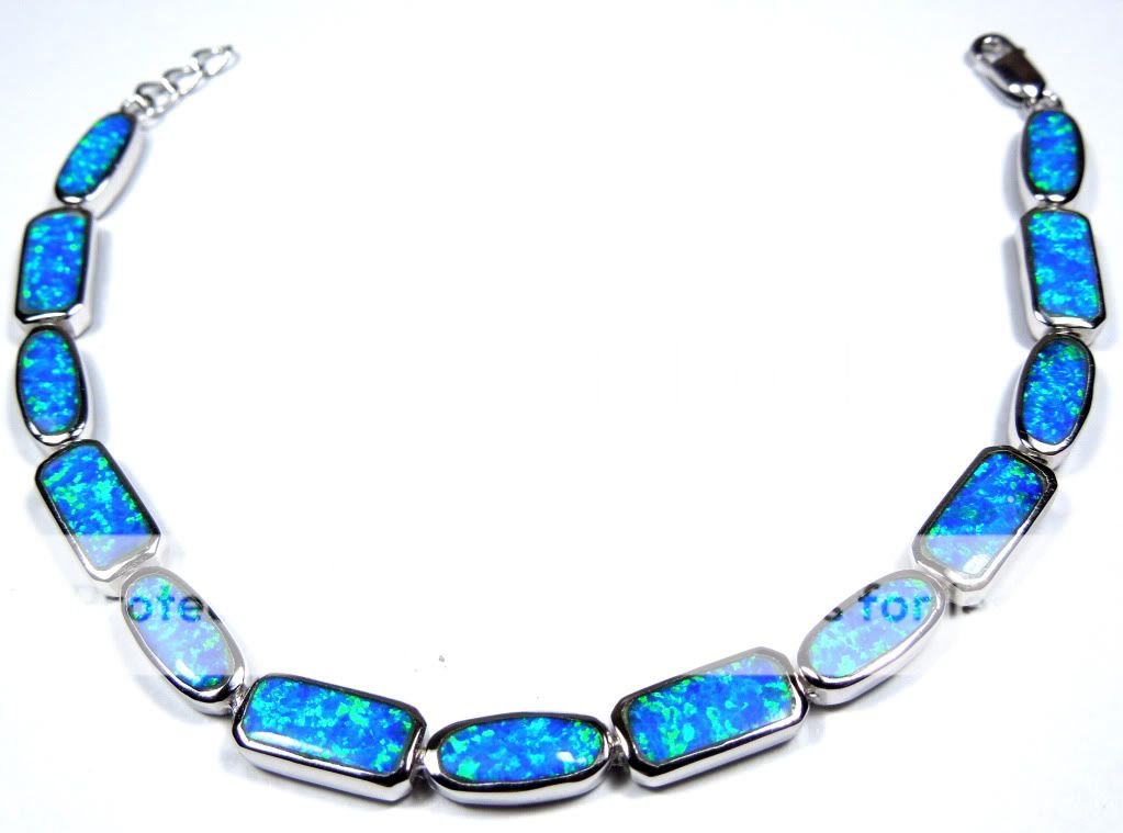 Blue Fire Opal Inlay 925 Sterling Silver Link Tennis Bracelet  